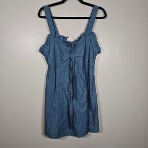 Loveriche Denim Front Knot Dress Indigo Blue Ruffle Neck Women's Size M NWT